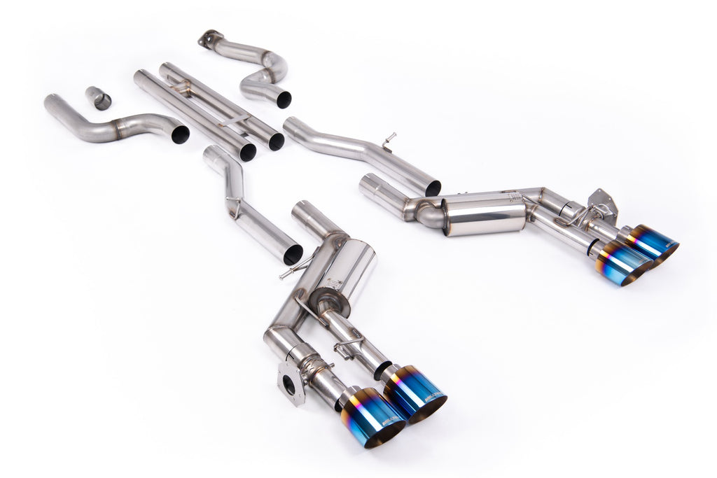 H-Pipe Valved Cat-Back System with Quad Burnt/Blue Titanium Tips